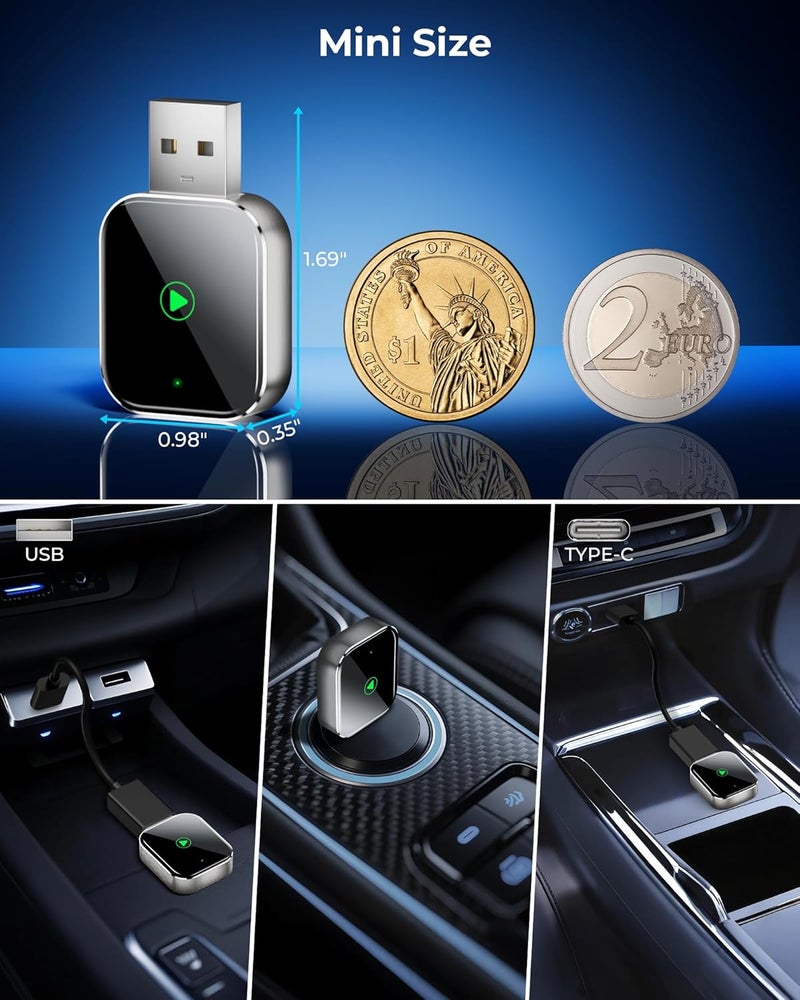 TKHIN محول Mini CarPlay اللاسلكي لجهاز Apple iPhone - يحول محول CarPlay السلكي إلى لاسلكي، عصا CarPlay Dongle لسيارات CarPlay السلكية من Apple و iPhone iOS 10+، USB و Type-C، توصيل وتشغيل - Image 2